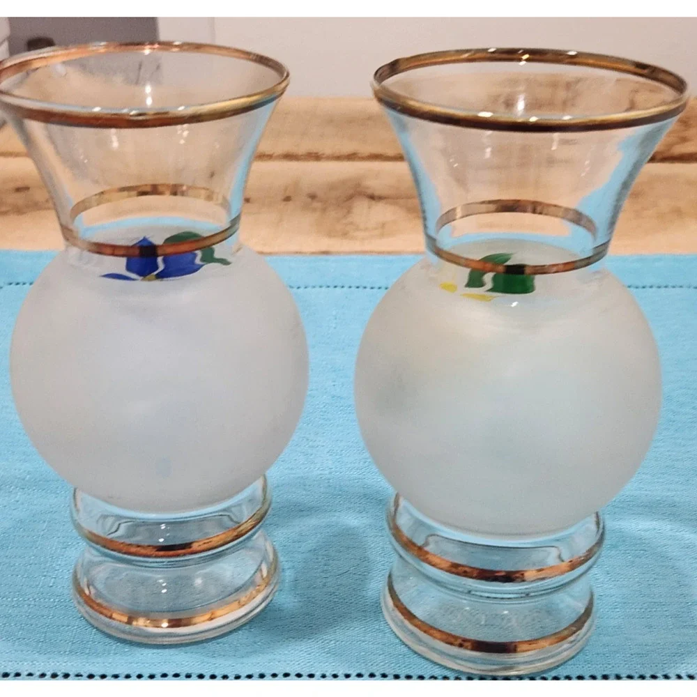 Bartlett Collins Set of 2 Frosted Handpainted Bud Vases W/ Gold Trim Vintage